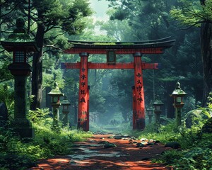 Shinto Shrine Torii Gate Framing a Peaceful Forest The traditional structure blends with nature - obrazy, fototapety, plakaty