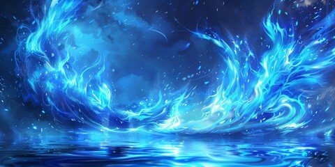 Fototapeta na wymiar swirling flames, magic blue flames, anime style, blue flames flickering on top of water, marshland background