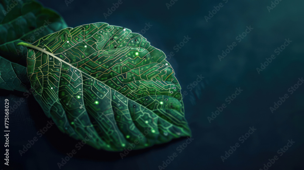 Poster this image features a leaf with intricately designed circuitry patterns on it, laid on a dark shadow