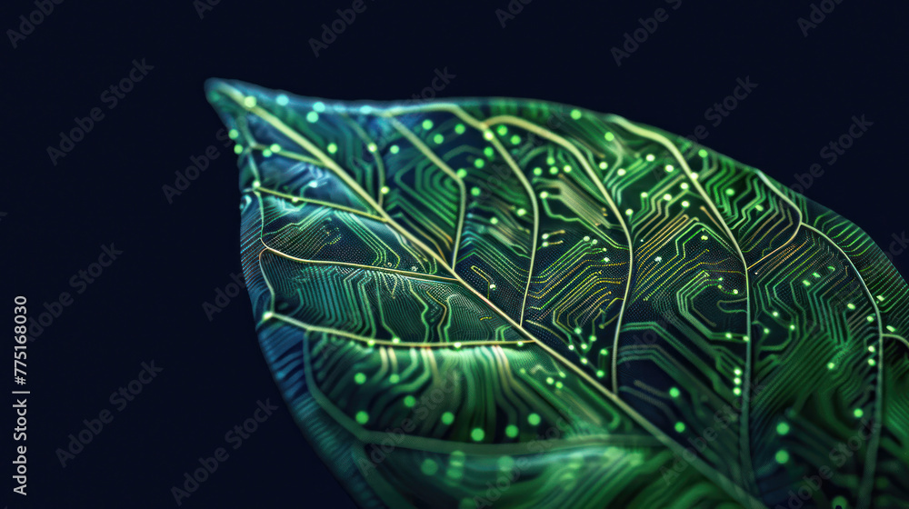 Poster a visually striking image of a leaf with a luminescent digital circuit pattern, placed against a dee