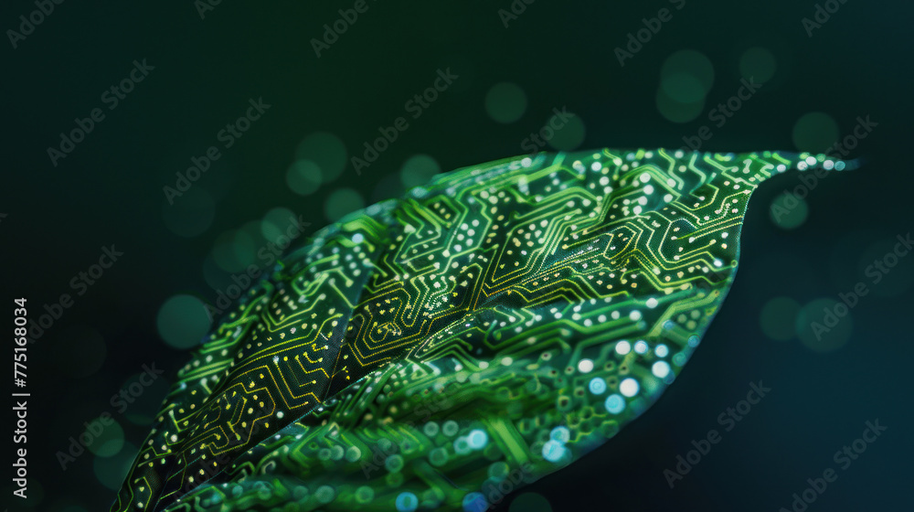 Poster a leaf designed with a detailed circuit imitating pattern, highlighted by a glowing bokeh effect on 