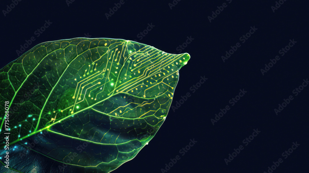Poster this image shows a leaf with glowing circuit-like patterns symbolizing the intersection of nature an