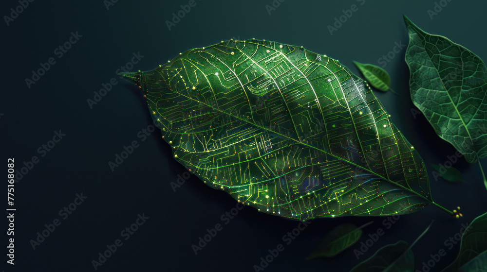 Poster this creative representation features a leaf with an electronic circuit pattern, blending organic an