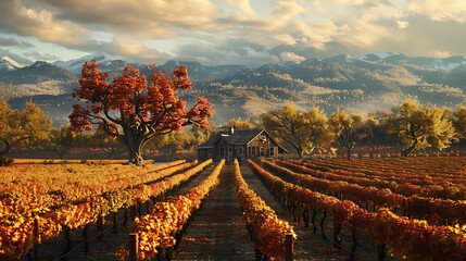 A picturesque vineyard in the fall, with grapevines adorned in shades of red, gold, and orange, and a rustic farmhouse amidst the rows - obrazy, fototapety, plakaty