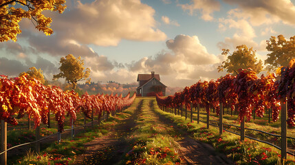 A picturesque vineyard in the fall, with grapevines adorned in shades of red, gold, and orange, and...