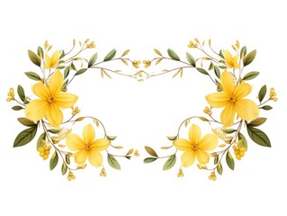 Yellow thin barely noticeable flower frame with leaves isolated on white background pattern