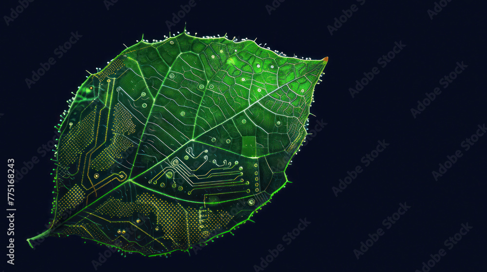 Poster a leaf enhanced with digital circuit patterns explores the connection between nature and technology