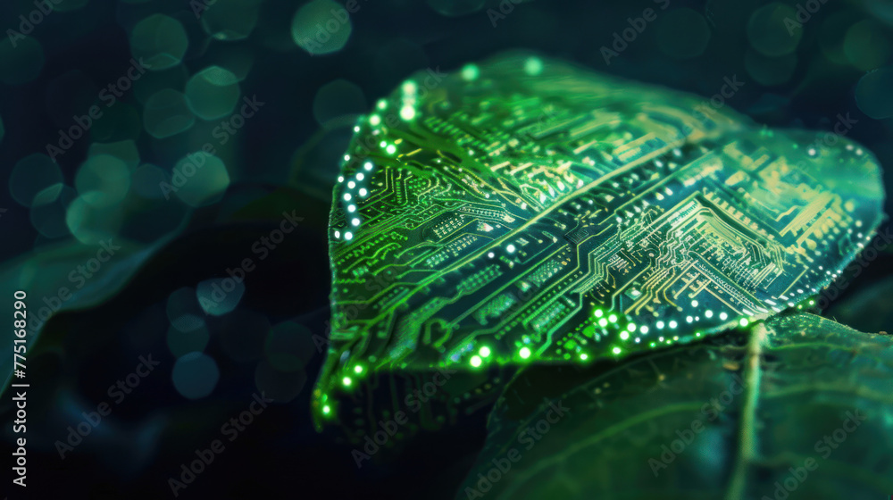 Poster this image showcases a leaf with a glowing circuit board pattern, symbolizing a fusion of nature and