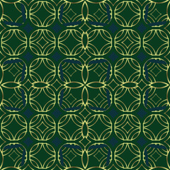 vector, seamless, geometric, classic gold lines pattern on dark green, purple background.