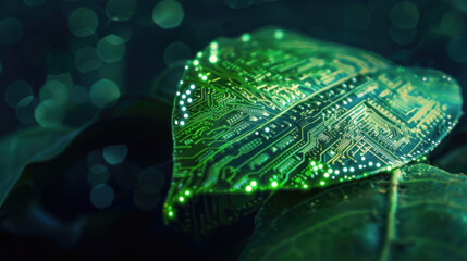 This image showcases a leaf with a glowing circuit board pattern, symbolizing a fusion of nature and technology - obrazy, fototapety, plakaty