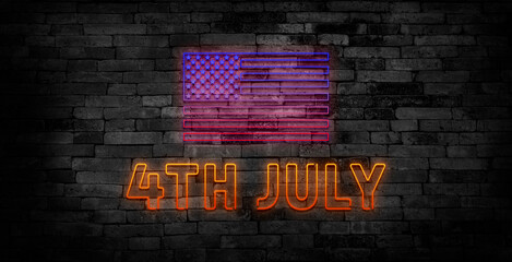 Happy 4th of July neon sign, bright signboard, light banner. Independence Day logo, emblem. July...