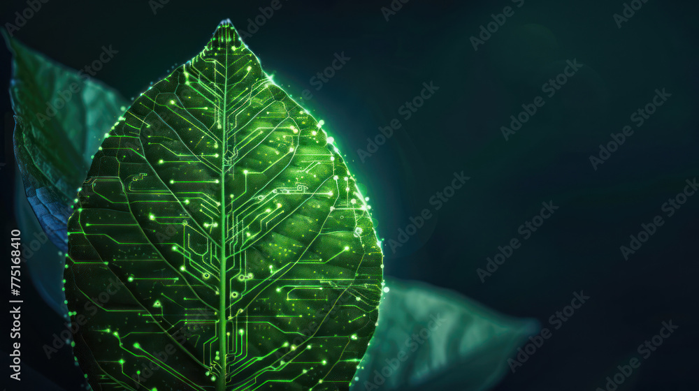 Poster close-up of a leaf merging with a glowing green circuit board design indicating the seamless integra