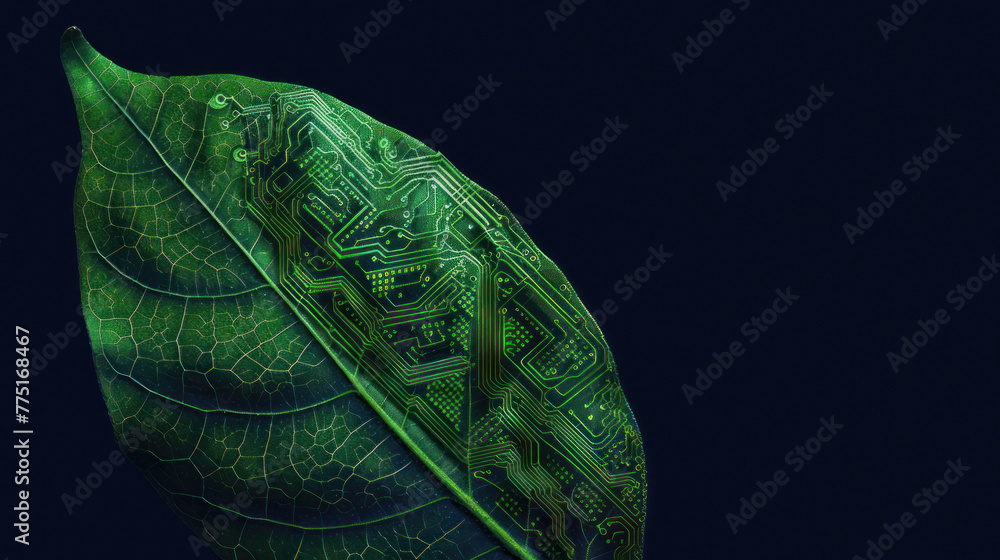 Poster an artistic portrayal of a green leaf with intricate circuitry patterns, symbolizing a bridge betwee
