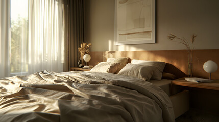 Serene Bedroom Interior with Sunlight and Modern Decor