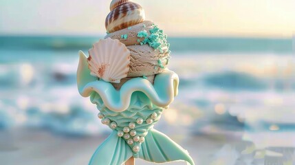 A mermaid tail ice cream on a stick decorated with shells and pearls. - obrazy, fototapety, plakaty