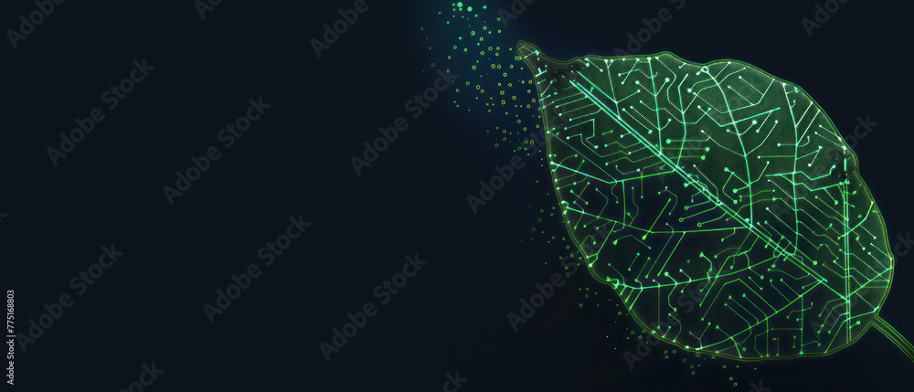 Poster an intricate image of a leaf transforming into a circuit board pattern, symbolizing digital growth a