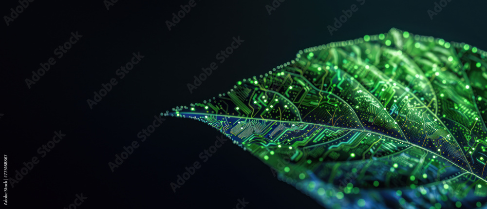 Poster the striking image features a leaf with a green glowing circuit design, emphasizing the convergence 