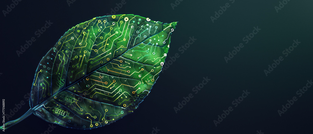 Poster a leaf with an intricate green circuit pattern captures the blend of technology with the environment