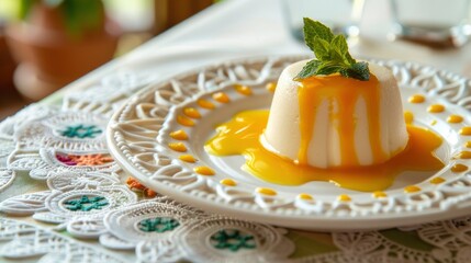 A smooth and creamy white panna cotta filled with mango puree