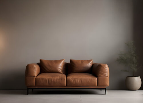 Minimalist living room mockup with leather sofa and empty wall for copy space