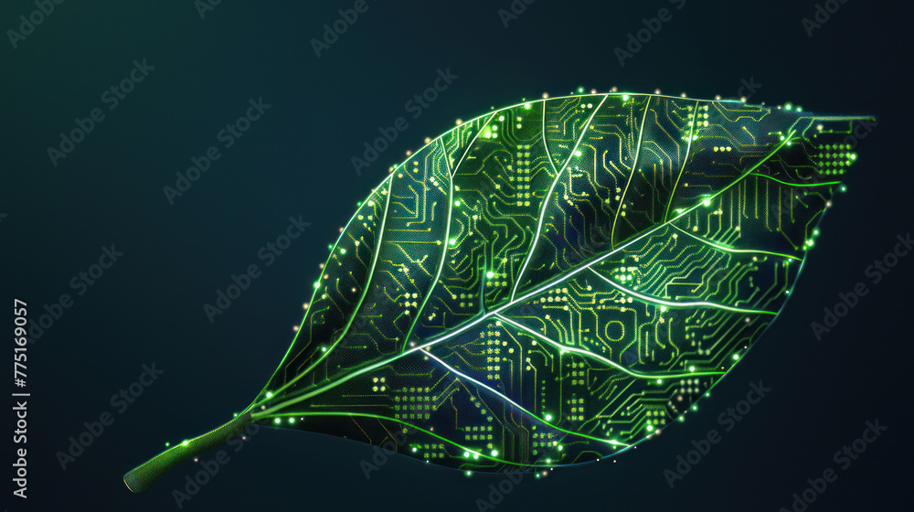Poster a leaf integrates with a green circuit board pattern symbolizing the fusion of nature and technology