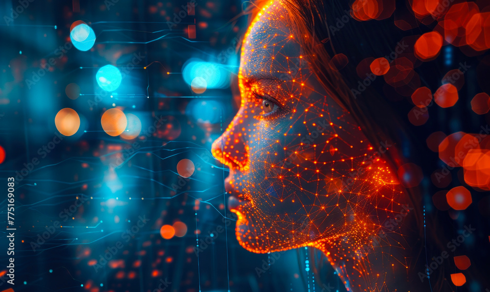 Poster cutting-edge deep learning visualization: human silhouette with neural network connections symbolizi