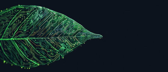 The detailed green circuitry pattern over the shape of a leaf showcases technology in nature