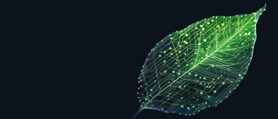 The glowing lines of a green circuit board reveal the intricate veins of a leaf, highlighting the link between technology and nature
