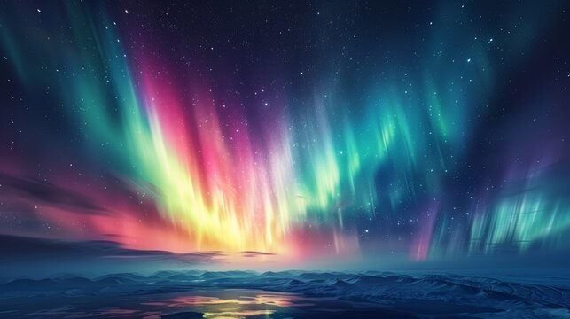 High resolution night sky photo of vibrant northern lights and aurora in long exposure