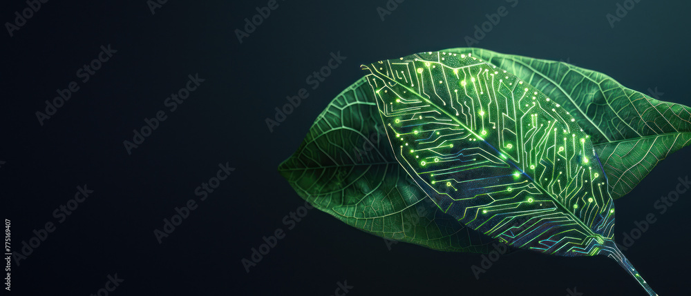Poster the image captures a natural leaf with a digital circuit pattern overlay, suggesting themes of ecolo