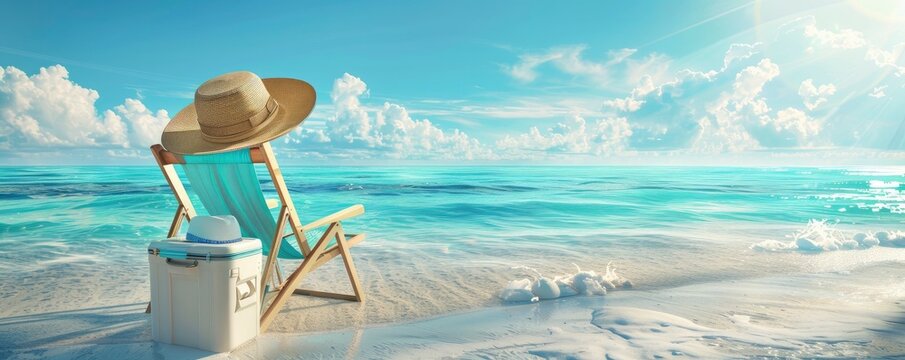 calming beaches picture with an ice box, beach chair, and sun hat