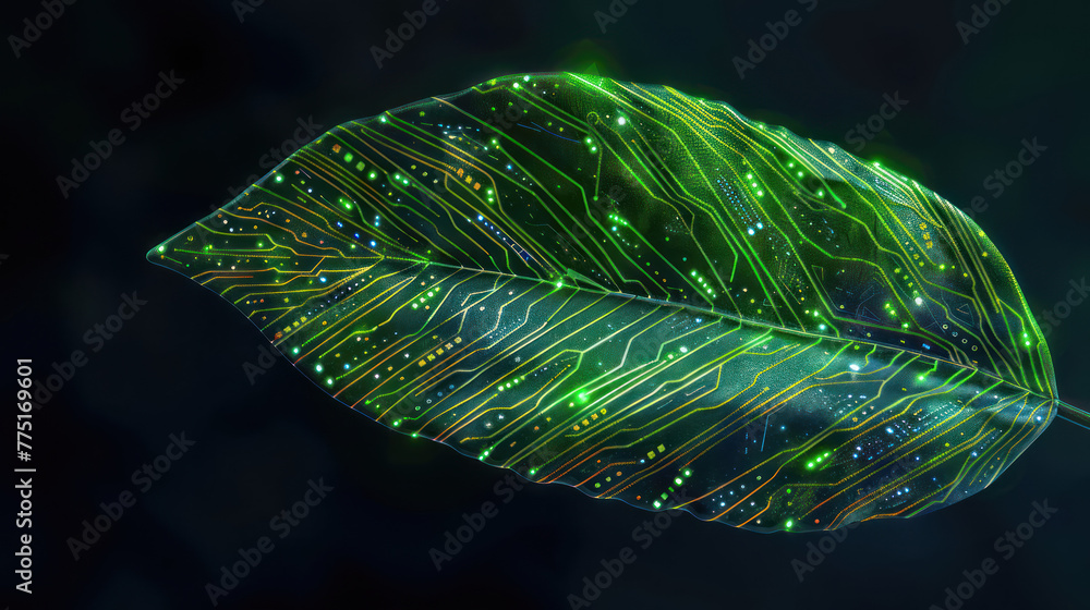 Poster close-up of a green leaf with a complex cybernetic circuit pattern implying a bio-technological them