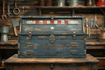 An aged trunk placed on top of a sturdy wooden table
