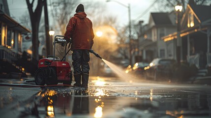an electric power washer, effortlessly blasting away dirt and grime with high-pressure precision, in cinematic 8k high resolution. - obrazy, fototapety, plakaty