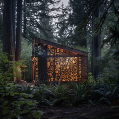 A small, dark cabin is nestled in the woods. The cabin is made of metal and has a unique design. The surrounding trees are tall and dense, creating a sense of seclusion and tranquility
