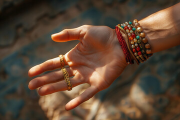Spiritual bracelets on female hand, natural colors and textures - obrazy, fototapety, plakaty