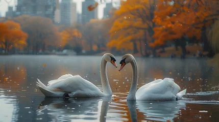 Poster a bustling urban park, where a pair of swans glides gracefully across the tranquil pond © Ghouri
