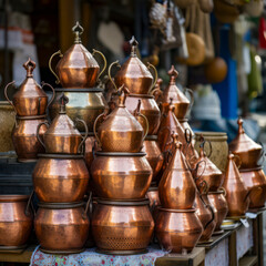 Fototapeta na wymiar lifestyle photo iran stack of copper kettles outside shop.