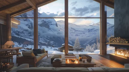  Cozy chalet interior in swiss alps with fireplace, wooden furniture, and snowy landscape view © RECARTFRAME CH