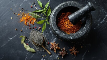 A stone mortar and pestle with spices - obrazy, fototapety, plakaty