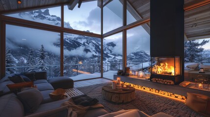 Cozy swiss alps chalet with fireplace, wooden furniture, and snowy landscape view