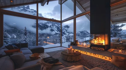 Fototapete Alpen Cozy swiss alps chalet with fireplace, wooden furniture, and snowy landscape view