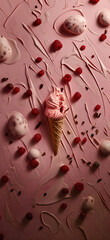 Delectable Strawberry Ice Cream Scoops and Cone on Pink Background