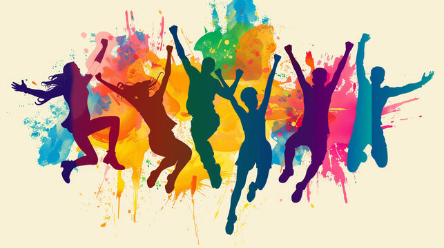 Vector art illustration of a group of people jumping for joy, on a light background