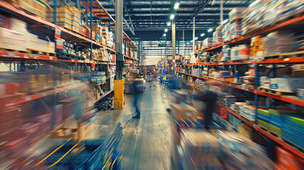 worker warehouse managing boxes in motion blur a distribution warehouse  conveyor belt stretching across the scene, lined with neatly arranged cardboard box packages