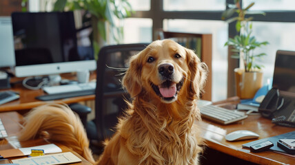 Adorable golden retriever being a boss in an office - obrazy, fototapety, plakaty