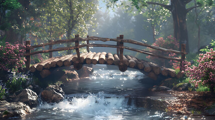 A quaint wooden bridge crossing over a babbling brook