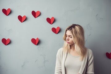 A thoughtful young woman stands against a wall adorned with red heart shapes, looking contemplative. Contemplative Woman Among Heart Shapes on Wall
