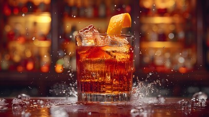 a classic negroni on a deep ruby red background, with a twist of orange peel and a splash of vermouth, in breathtaking 8k full ultra HD.