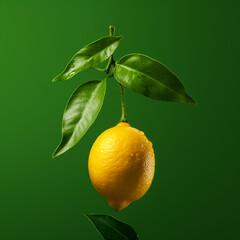 a lemon with its leaves hanging on a green background, in the style of light orange and dark emerald сreated with Generative Ai